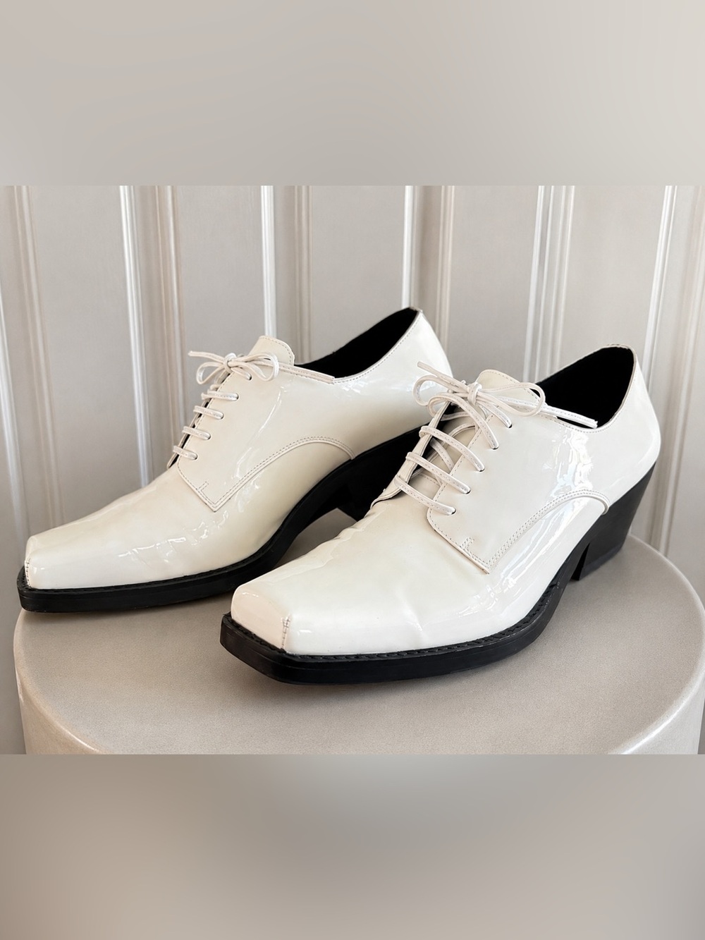 Jeffrey Campbell | Burt Patent Wedge Oxford Shoes | Sz 8.5 | White/Ivory & Black